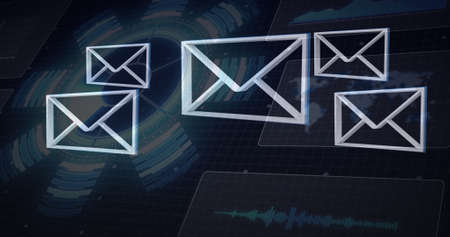 Digital image of multiple message icons floating against round scanner on blue background. computer...