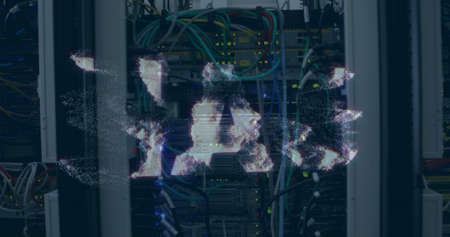 Image of uah text over server room. global business, finances, connections and digital interface...