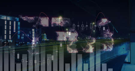 Image of data processing over cityscape. global business, finances, connections and digital...