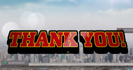 Image of thank you text and numbers growing over cityscape. global social media, connections and digital interface concept digitally generated image.の写真素材