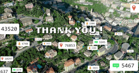 Image of thank you text and numbers growing over cityscape. global social media, connections and...