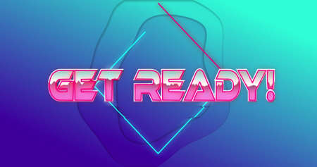 Image of get ready text in pink metallic, over neon diamonds and water on blue background. online...