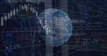 Image of data processing and globe over server room. cloud computing and data processing concept...
