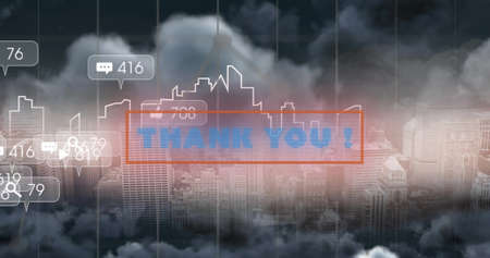 Image of thank you text and numbers growing over cityscape. global social media, connections and digital interface concept digitally generated image.の写真素材