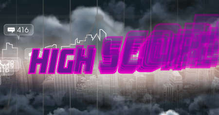 Image of high score text and numbers growing over cityscape. global social media, connections and...