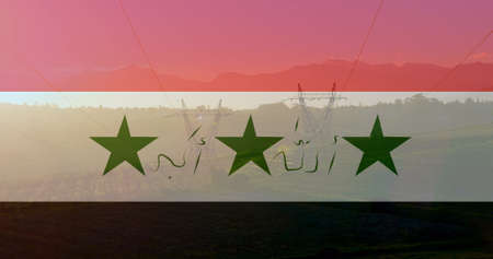 Image of flag of iraq over pylons. ukraine crisis and international politics concept digitally...