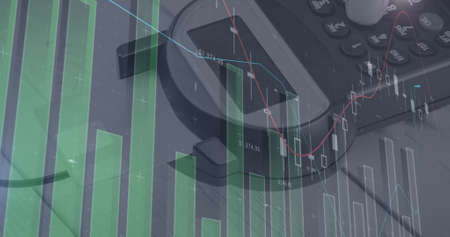 Image of graphs and financial data over hand of caucasian man holding payment terminal. finance,...