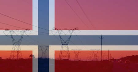 Image of flag of norway over pylons. ukraine crisis and international politics concept digitally...