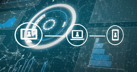 Image of icons with network of connections and data processing screens. global networks, digital...