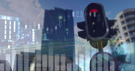 Image of data processing over cityscape. global connections, business, digital interface, technology and networking concept digitally generated image.の写真素材