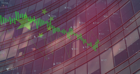 Image of flag of china and data processing over cityscape. global business, finances and digital interface concept digitally generated image.の写真素材