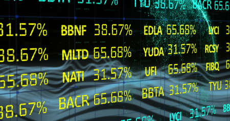 Image of data processing over globe on black background. global business, finances and digital...