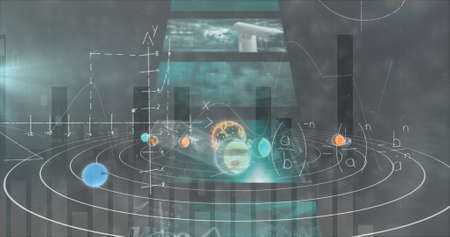 Image of solar system and mathematical equations with data processing. global science, astronomy and...