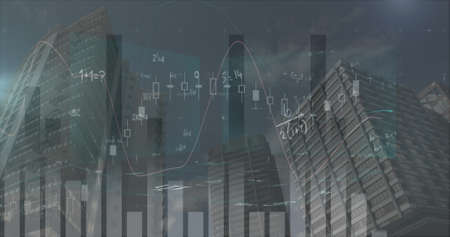 Image of data processing over cityscape. global sport, connections and digital interface concept digitally generated image.の写真素材