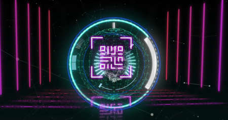 Image of neon qr code with lines over scope scanning on black background. global technology and...