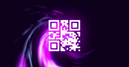 Image of qr code and shapes on black background. social media and communication interface concept digitally generated image.の写真素材