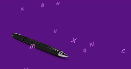 Image of letters floating over pen on violet background. hand writing, making notes and learning concept digitally generated image.の写真素材