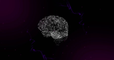 Image of 3d human brain spinning on moving purple network on black background. global science and...