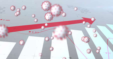 Image of virus cells floating over data processing. medical and healthcare services during coronavirus covid 19 pandemic concept digitally generated image.の写真素材