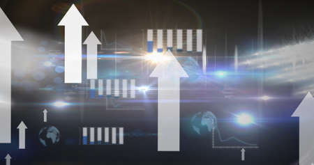 Image of arrows and data processing over sports stadium. sport and celebration concept digitally generated image.の写真素材