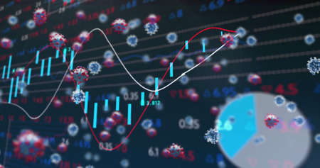 Image of virus cells floating over data processing. medical and healthcare services during coronavirus covid 19 pandemic concept digitally generated image.の写真素材