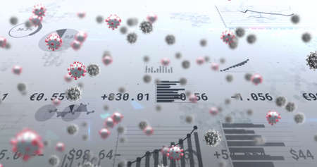 Image of virus cells floating over data processing. medical and healthcare services during...