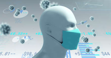 Human face model wearing a mask spinning against covid-19 cells and statistical data processing. covid-19 coronavirus pandemic conceptの写真素材