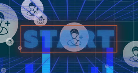 Image of start in digital abstract space with user icons. computer, games and technology concept...