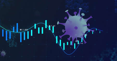 Image of virus cells floating over data processing. medical and healthcare services during coronavirus covid 19 pandemic concept digitally generated image.の写真素材