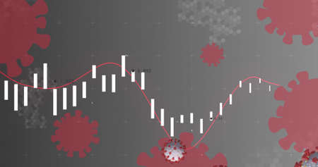 Image of virus cells floating over data processing. medical and healthcare services during coronavirus covid 19 pandemic concept digitally generated image.の写真素材