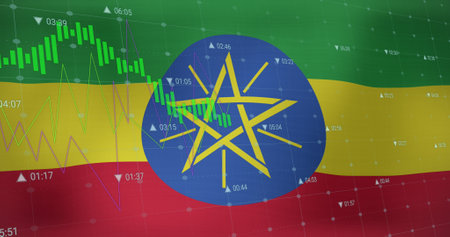 Image of data processing over flag of ethiopia. global business, finances, connections and digital interface concept digitally generated image.の写真素材