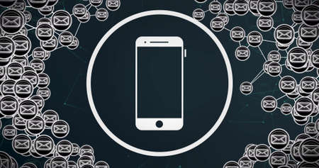Image of smartphone and email connections over black background. global connections, data processing and technology concept digitally generated image.の写真素材