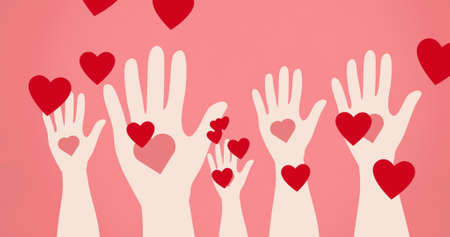 Image of hearts and hands over pink background. social media and communication concept digitally generated image.の写真素材