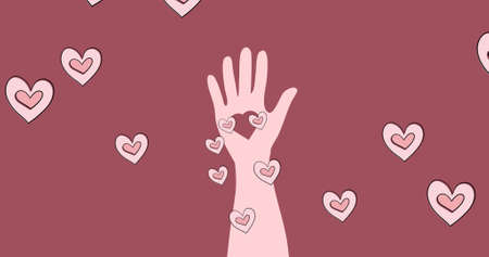 Image of hearts and hand over pink background. social media and communication concept digitally generated image.の写真素材