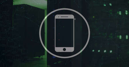 Image of smartphone icon over black background with green lights. data processing, network and technology concept digitally generated image.の写真素材