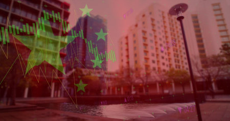 Image of flag of china and data processing over cityscape. global business, finances and digital interface concept digitally generated image.の写真素材