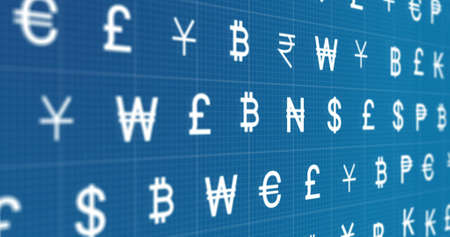 Image of rows of currency signs moving on blue background. global business, finance and digital interface concept digitally generated image.の写真素材