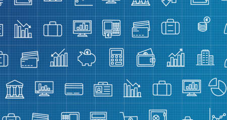 Image of rows of business icons moving on blue background. global business, finance and digital interface concept digitally generated image.の写真素材