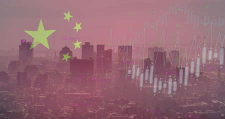 Image of flag of china and data processing over cityscape. global business, finances and digital interface concept digitally generated image.の写真素材