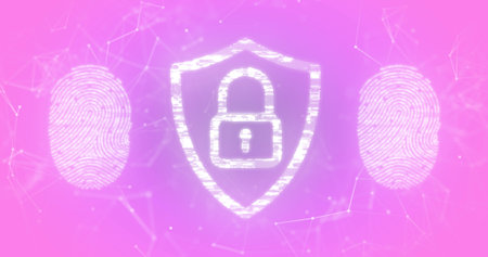 Image of padlock icon and fingerprint over pink background. global business, finances and data...