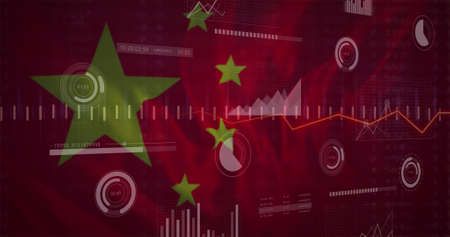 Image of financial data and graphs over flag of china. global economy, finance and politics concept digitally generated image.の写真素材