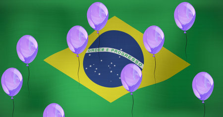 Image of balloons over flag of brazil. flags, national symbols and patriotism concept digitally generated image.の写真素材