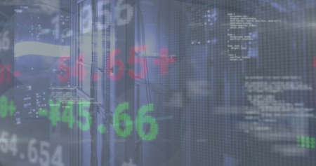 Image of stock market and data processing over server room. global business, technology and data...