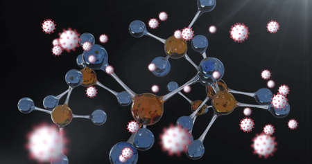 Image of virus cells over shapes. global science and digital interface during covid 19 pandemic concept digitally generated image.の写真素材