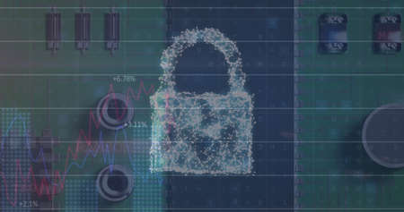 Image of security padlock over data processing on dark background. global communication and data...