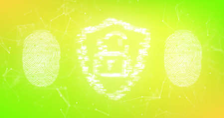 Image of padlock icon and fingerprint over green background. global business, finances and data processing concept digitally generated image.の写真素材