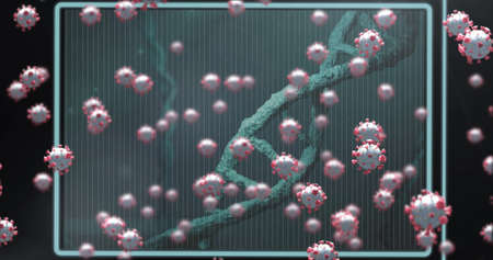 Image of virus cells over dna strand. global science and digital interface during covid 19 pandemic...