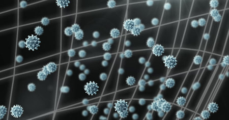 Image of virus cells over medical data processing. global science and digital interface during covid...
