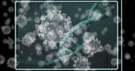 Image of virus cells over dna strand. global science and digital interface during covid 19 pandemic concept digitally generated image.の写真素材