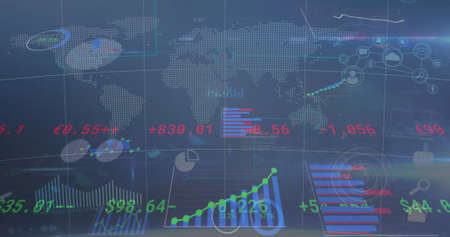 Image of stock market and financial data processing over world map. global business, technology and...